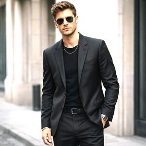 Hugo Boss Men's2-Pc Suit Size 42R Wool Black Pinstripe Galilei|Sigma Style USA